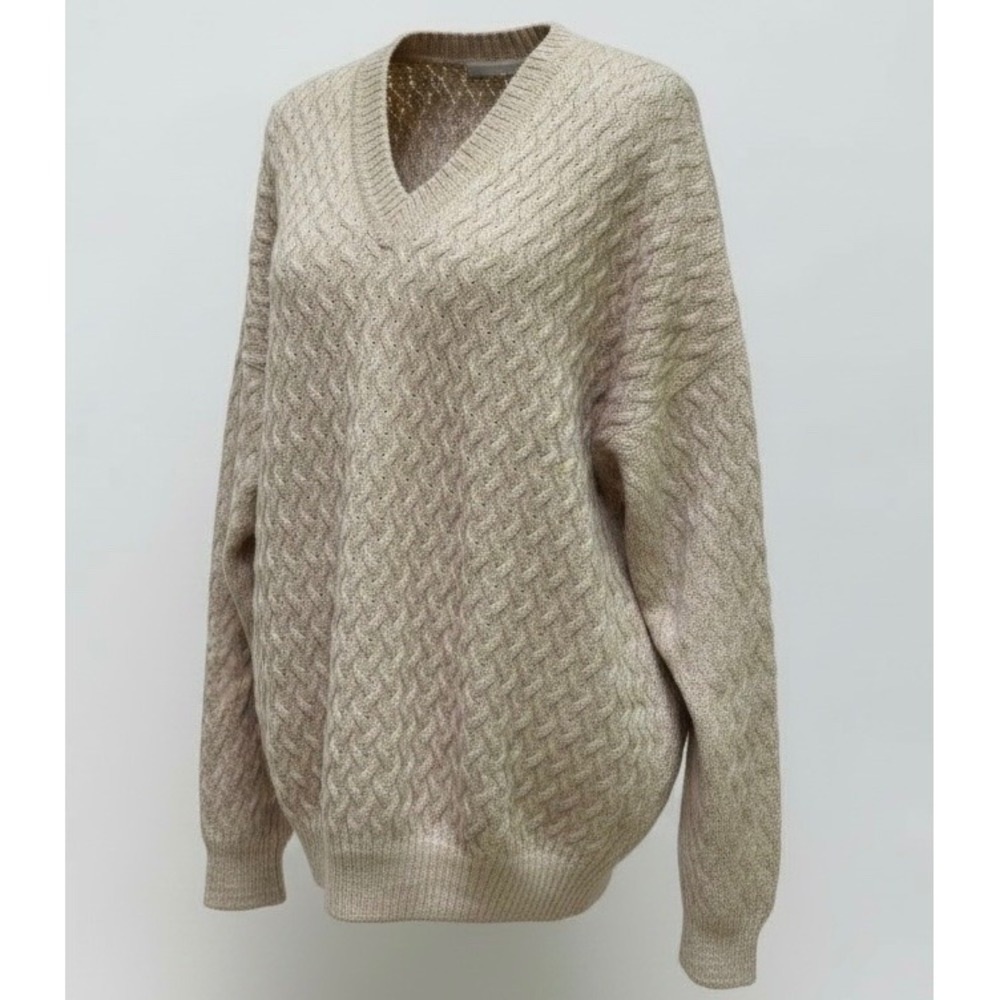 Knight‎ of New Zealand 100% Alpaca Sweater L Beige V-Neck Chunky Knit Pullover